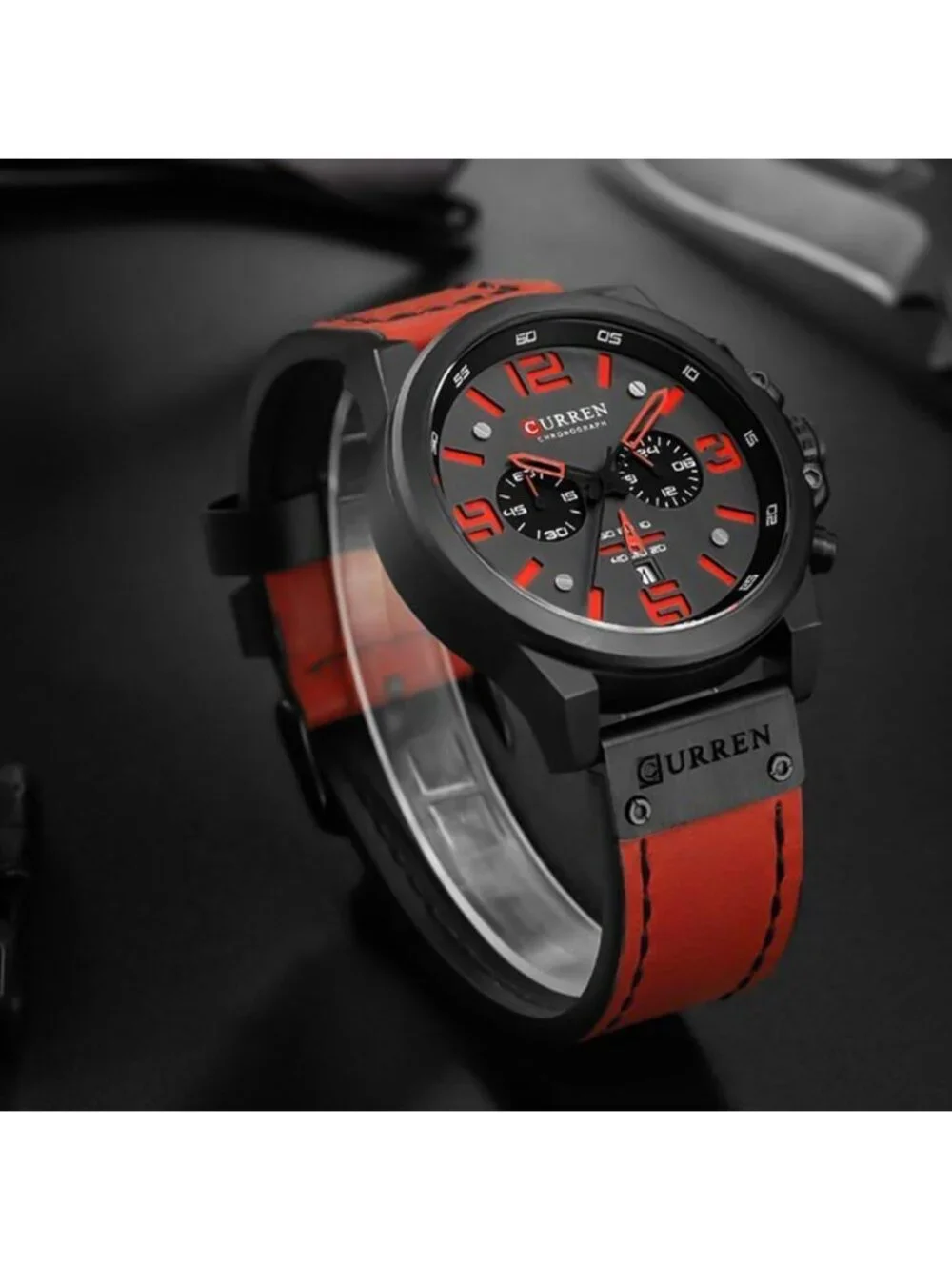 Men's Black And Red Analog Leather Strap Sandwich Dial Chronograph Wrist Watch